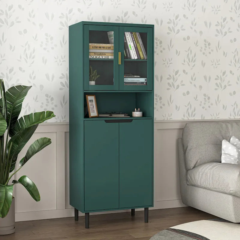 Meuble de rangement haut avec 2 portes vitrées et 2 portes, armoire moderne autoportante pour salle de bain, salle à manger ou salon