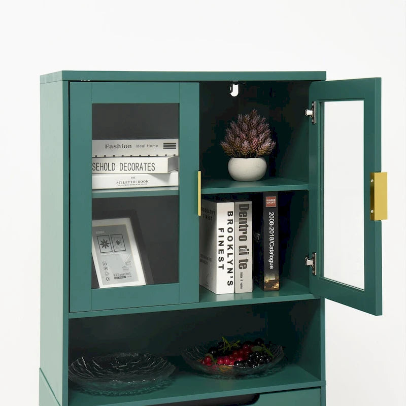 Meuble de rangement haut avec 2 portes vitrées et 2 portes, armoire moderne autoportante pour salle de bain, salle à manger ou salon
